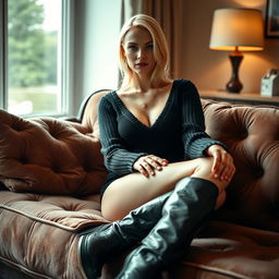 A cozy, intimate portrait of a thin blonde dominatrix with large breasts, sitting confidently on a lush sofa