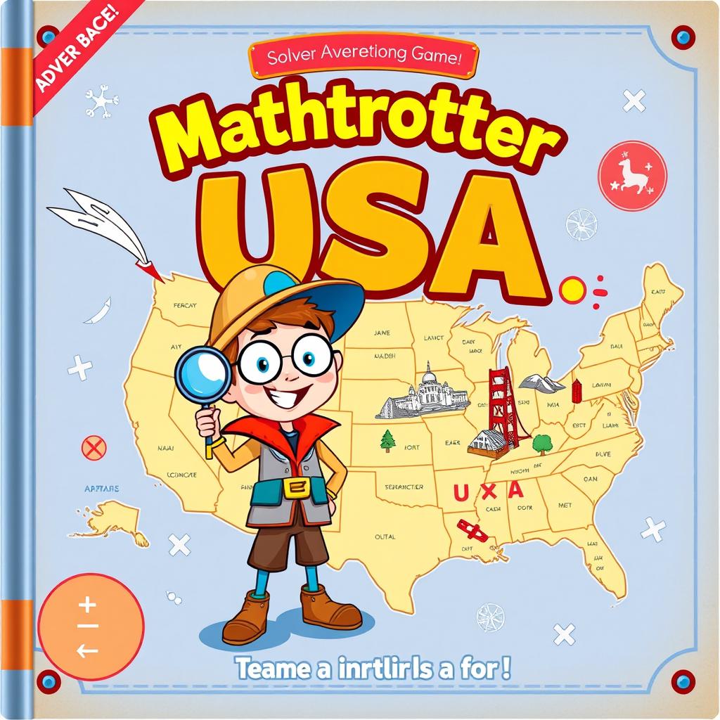 An engaging and colorful cover for a children's activity book game titled 'Mathtrotter USA'