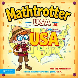 An engaging and colorful cover for a children's activity book game titled 'Mathtrotter USA'