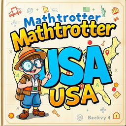 An engaging and colorful cover for a children's activity book game titled 'Mathtrotter USA'