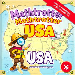 An engaging and colorful cover for a children's activity book game titled 'Mathtrotter USA'