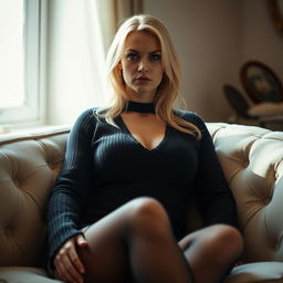 A cozy, intimate portrait of a thin blonde dominatrix with large breasts, suggestively seated on a lush sofa