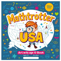 An engaging and colorful cover for the activity book "Mathtrotter USA"