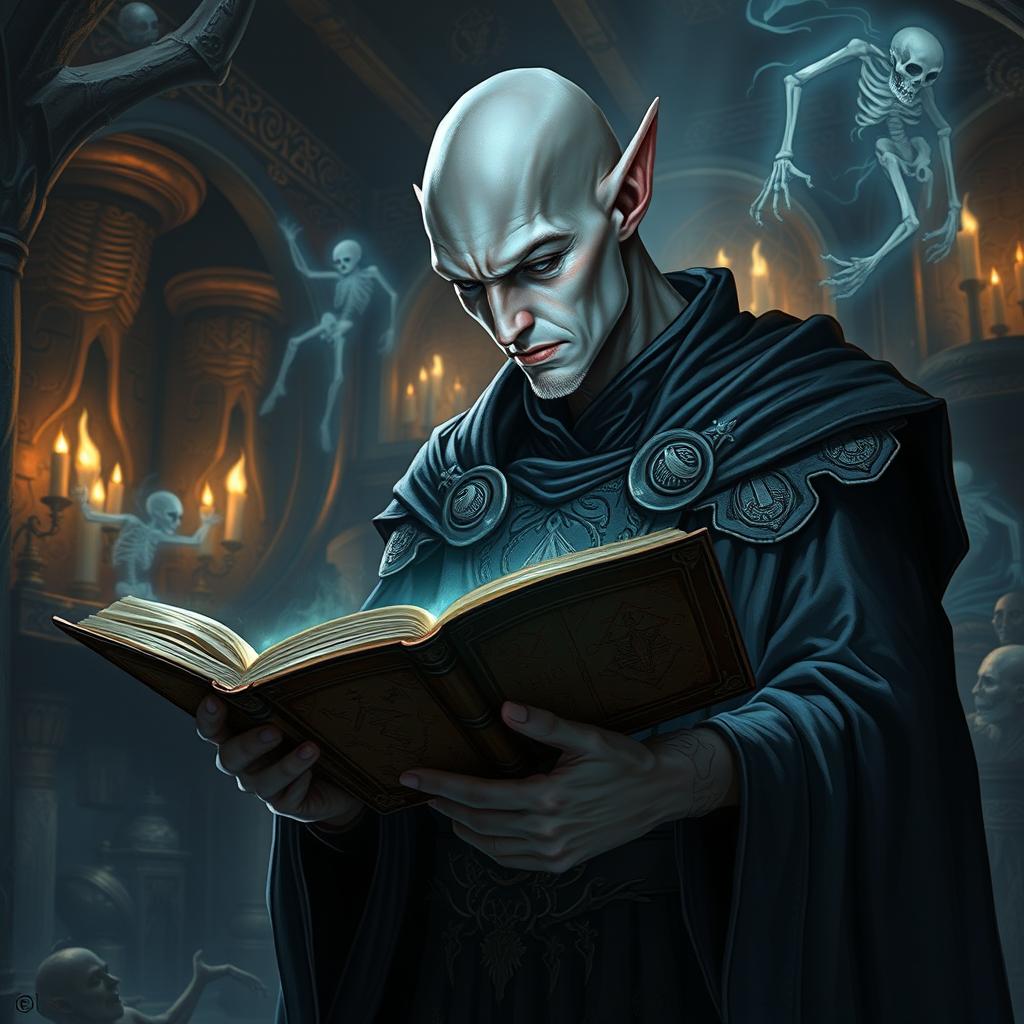 A striking male elf with smooth grey skin and a bald head, exuding an air of enigmatic power