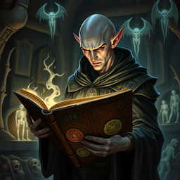 A striking male elf with smooth grey skin and a bald head, exuding an air of enigmatic power