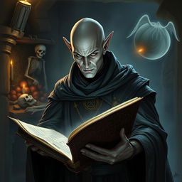 A striking male elf with smooth grey skin and a bald head, exuding an air of enigmatic power