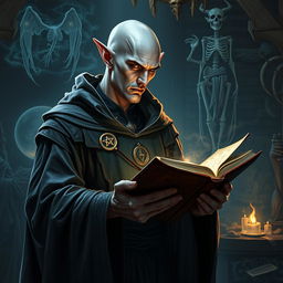 A striking male elf with smooth grey skin and a bald head, exuding an air of enigmatic power