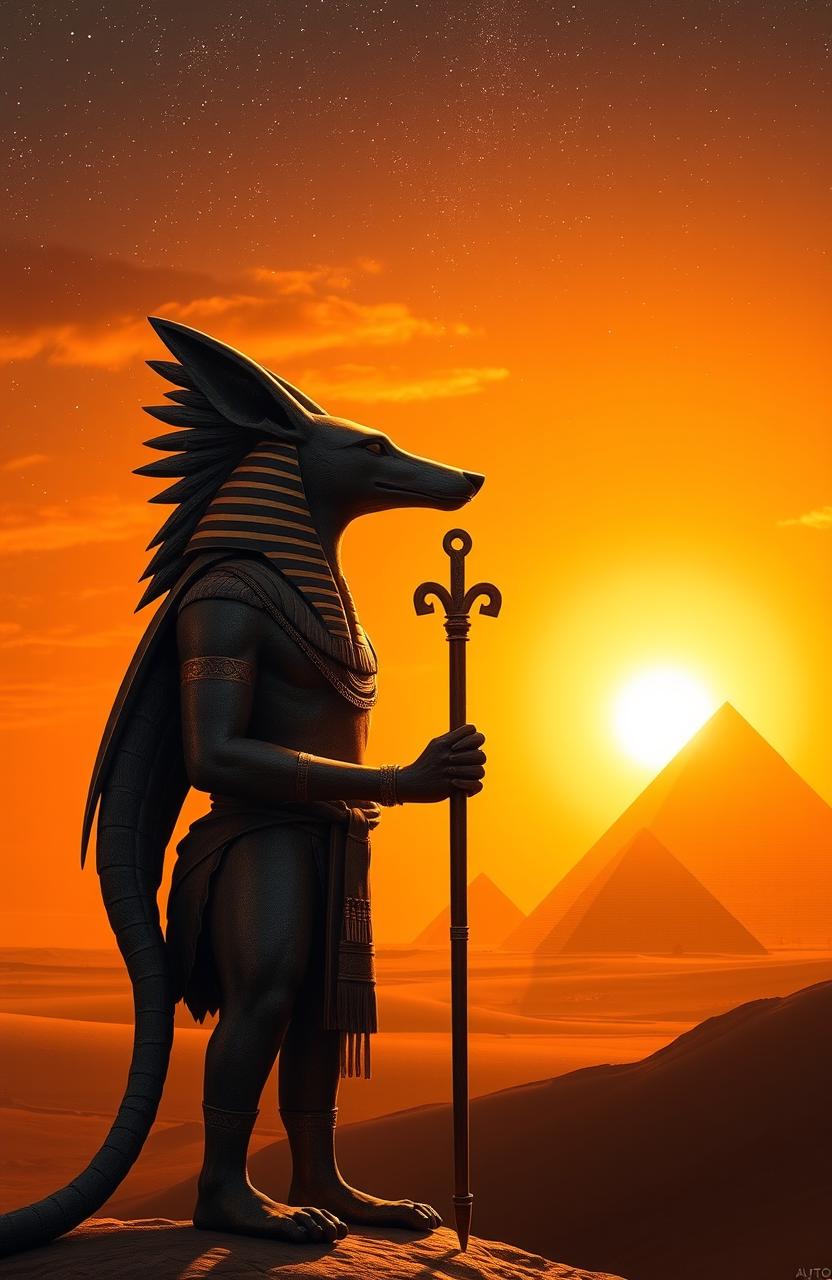 Anubis standing majestically in front of the pyramids of Egypt during a beautiful sunset