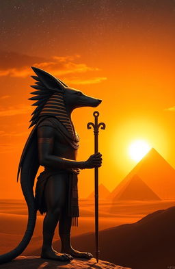 Anubis standing majestically in front of the pyramids of Egypt during a beautiful sunset