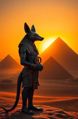 Anubis standing majestically in front of the pyramids of Egypt during a beautiful sunset