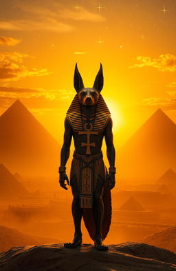 Anubis standing majestically in front of the pyramids of Egypt during a beautiful sunset