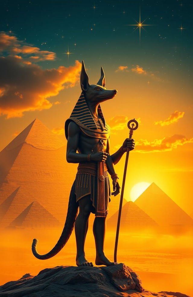 Anubis standing majestically in front of the pyramids of Egypt during a beautiful sunset