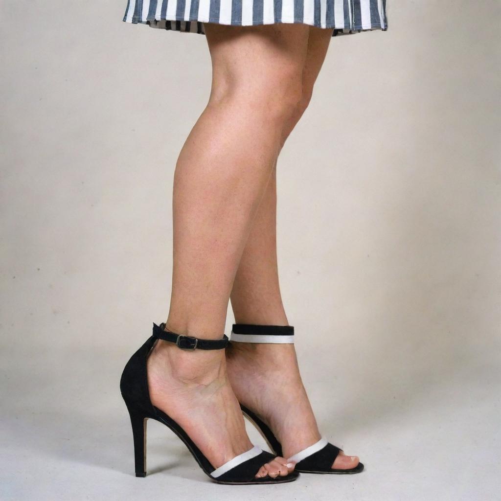 A prisoner dressed in traditional uniform, with an unusual twist - they're wearing glamorous ankle strap high heel sandals.