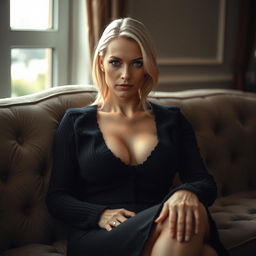 A cozy, intimate portrait of a thin blonde dominatrix with large breasts, elegantly seated on a lush sofa