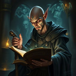 A striking male elf, bald with elaborate facial tattoos symbolizing his power and wisdom