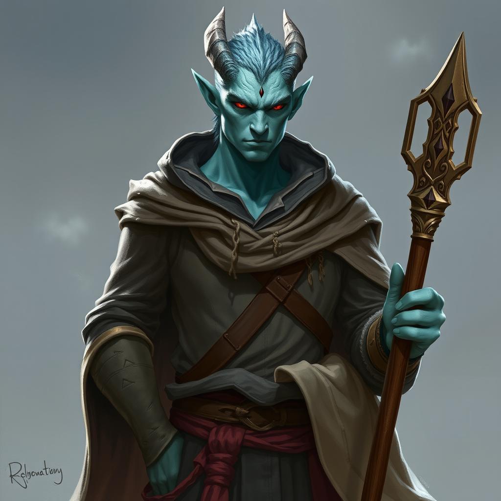 A male Dragonborn sorcerer with a unique silvery greenish blue skin tone, towering at approximately 6'3", and possessing intense red eyes that suggest depth and wisdom