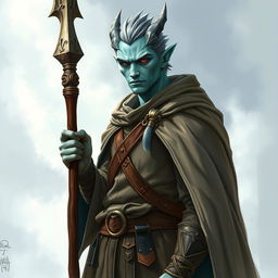 A male Dragonborn sorcerer with a unique silvery greenish blue skin tone, towering at approximately 6'3", and possessing intense red eyes that suggest depth and wisdom