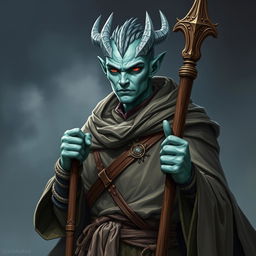 A male Dragonborn sorcerer with a unique silvery greenish blue skin tone, towering at approximately 6'3", and possessing intense red eyes that suggest depth and wisdom