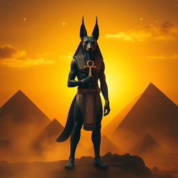 Anubis standing majestically in front of the pyramids of Egypt during a sunset, enveloped in a golden color palette with a touch of orange