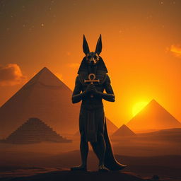 Anubis standing majestically in front of the pyramids of Egypt during a sunset, enveloped in a golden color palette with a touch of orange