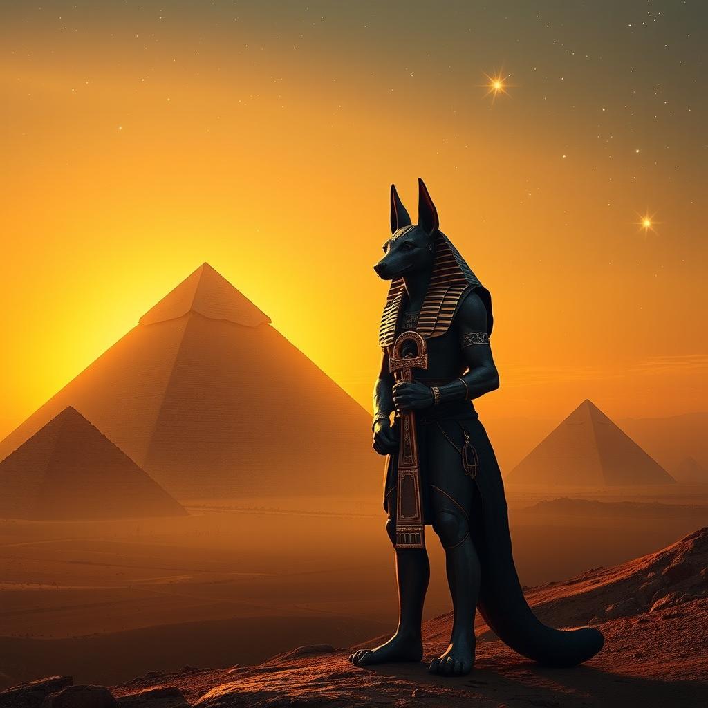 Anubis standing majestically in front of the pyramids of Egypt during a sunset, enveloped in a golden color palette with a touch of orange