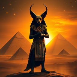 Anubis standing majestically in front of the pyramids of Egypt during a sunset, enveloped in a golden color palette with a touch of orange