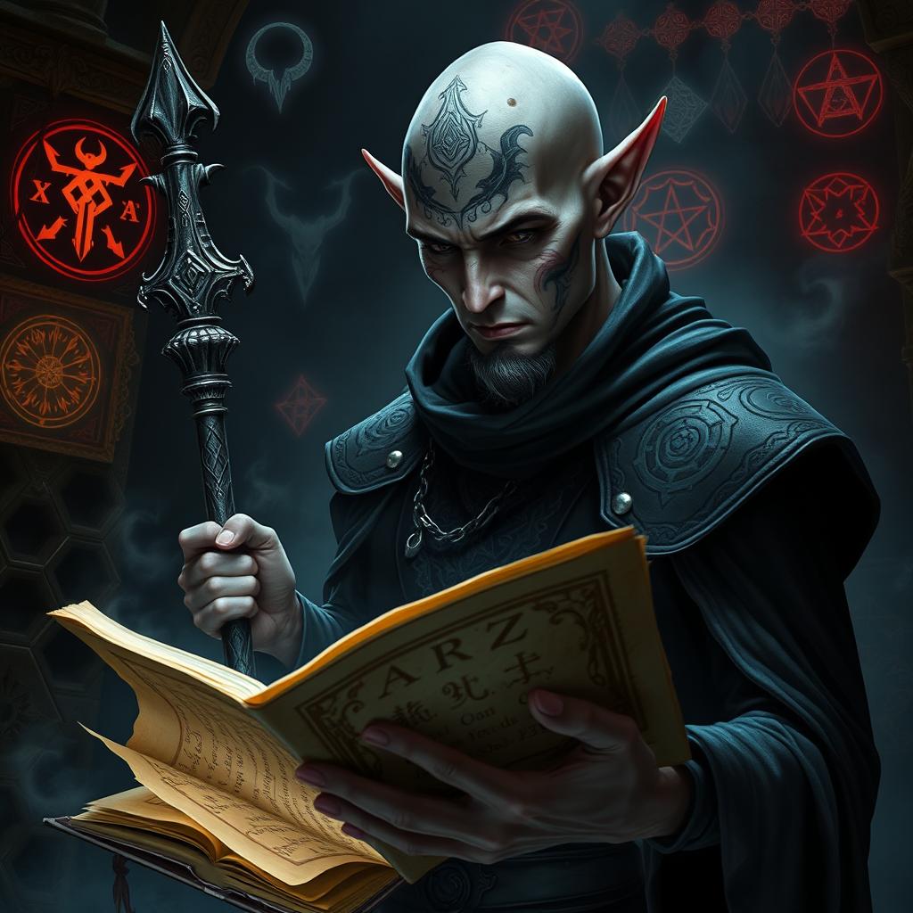 A striking male elf with a bald head and intricate, mystical tattoos covering his face, suggesting a deep connection to arcane knowledge and dark powers