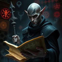 A striking male elf with a bald head and intricate, mystical tattoos covering his face, suggesting a deep connection to arcane knowledge and dark powers