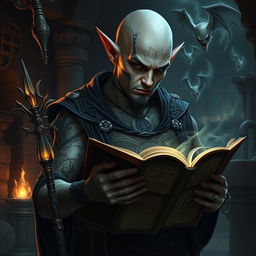 A striking male elf with a bald head and intricate, mystical tattoos covering his face, suggesting a deep connection to arcane knowledge and dark powers