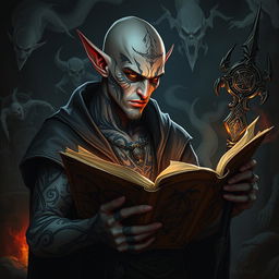 A striking male elf with a bald head and intricate, mystical tattoos covering his face, suggesting a deep connection to arcane knowledge and dark powers