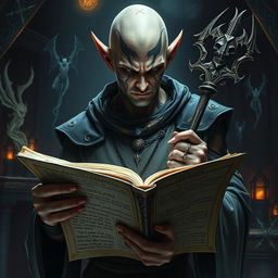 A striking male elf with a bald head and intricate, mystical tattoos covering his face, suggesting a deep connection to arcane knowledge and dark powers