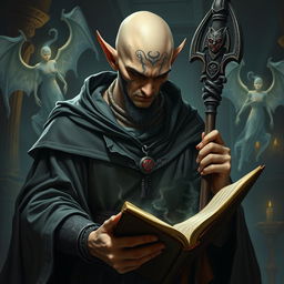 A powerful male elf mage with a bald head, featuring intricate, mystic tattoos on his face that suggest deep, forbidden knowledge