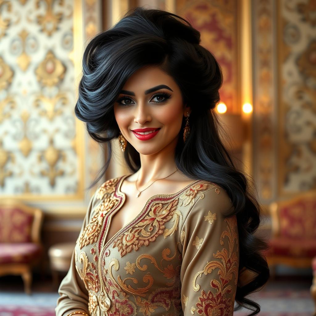 An elegant and alluring Arab woman with a voluminous hairstyle, featuring beautifully styled long dark hair