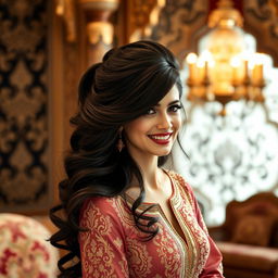 An elegant and alluring Arab woman with a voluminous hairstyle, featuring beautifully styled long dark hair