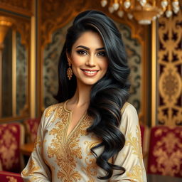 An elegant and alluring Arab woman with a voluminous hairstyle, featuring beautifully styled long dark hair