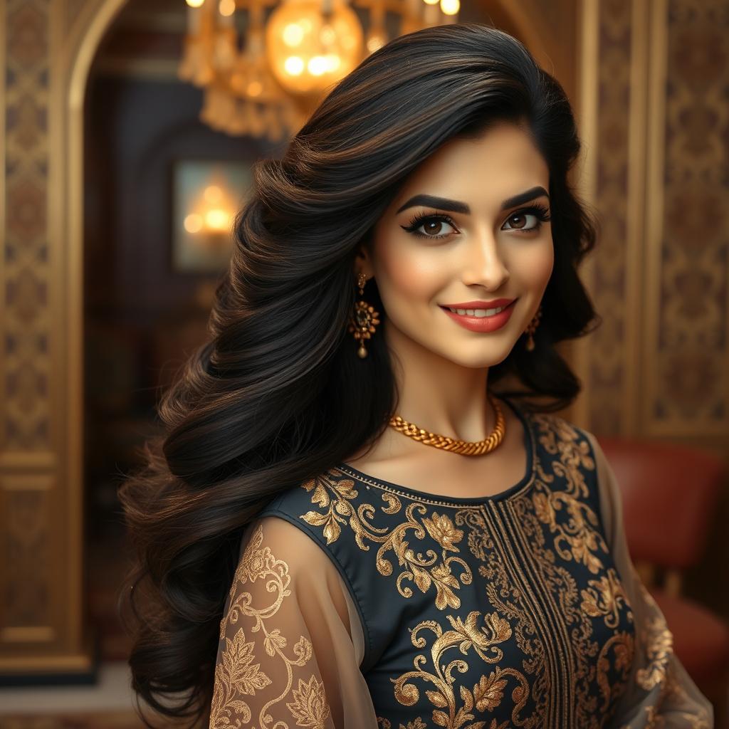 An elegant and alluring Arab woman with a voluminous hairstyle, featuring beautifully styled long dark hair