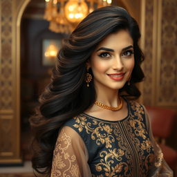 An elegant and alluring Arab woman with a voluminous hairstyle, featuring beautifully styled long dark hair