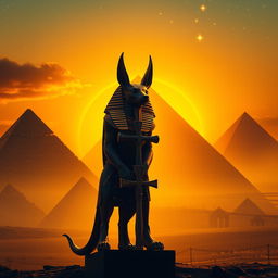 Anubis stands majestically in front of the iconic pyramids of Egypt, set against a captivating sunset