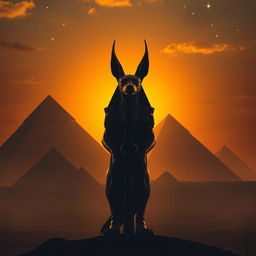 Anubis stands majestically in front of the iconic pyramids of Egypt, set against a captivating sunset