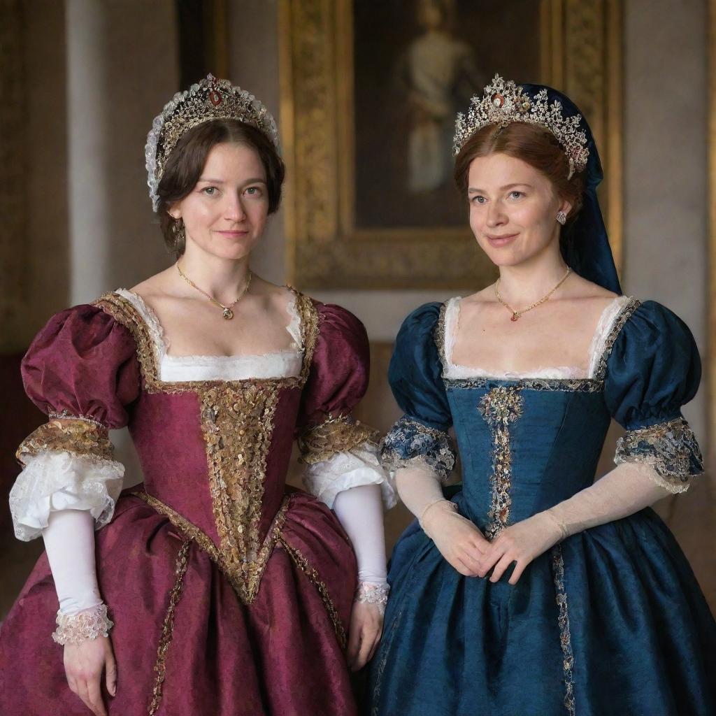 Portia and her friend Nerissa from Shakespeare's 'Merchant of Venice', dressed in traditional Elizabethan costumes and conversing in a beautifully decorated Renaissance room.