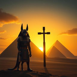 Anubis stands majestically in front of the iconic pyramids of Egypt, set against a captivating sunset