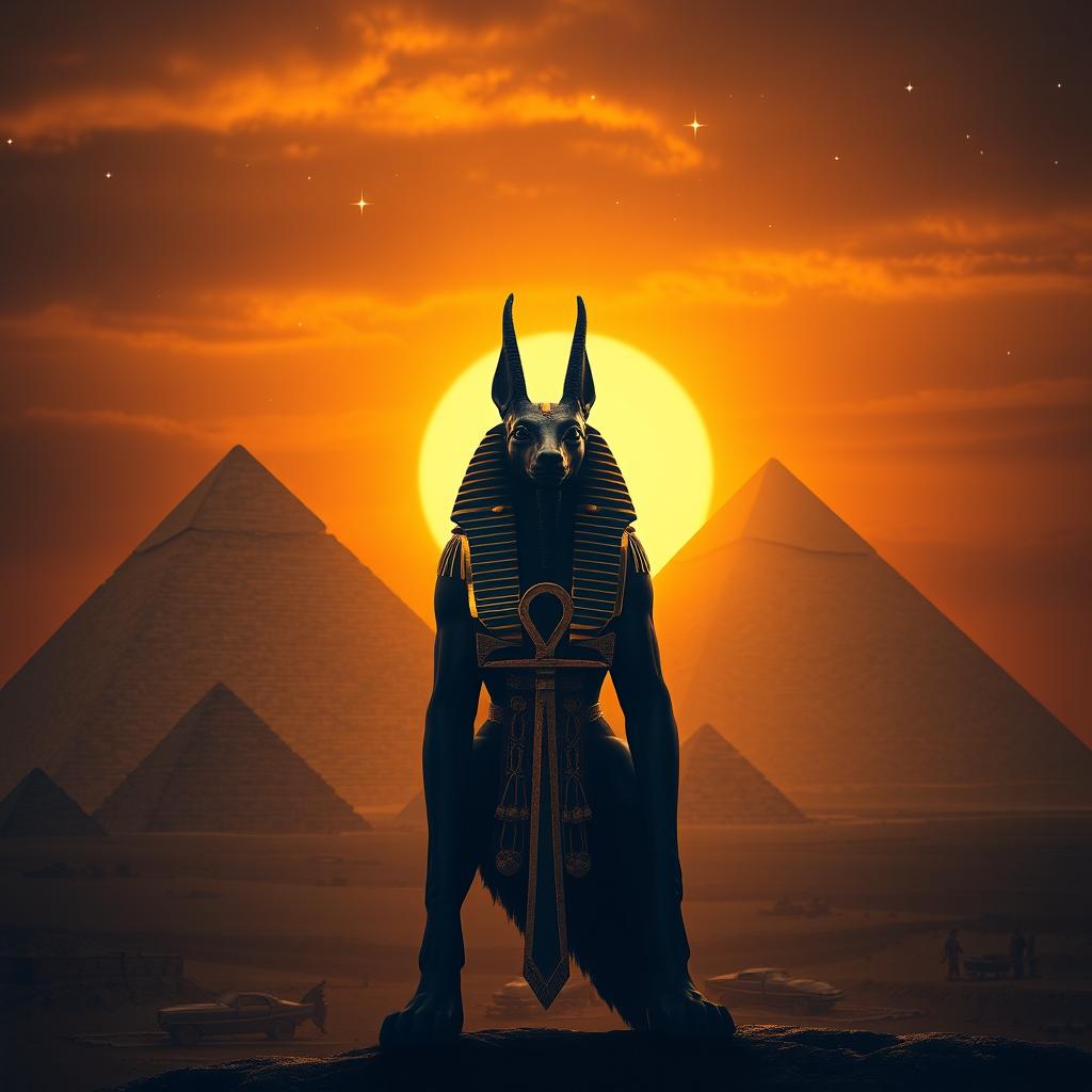 Anubis stands majestically in front of the iconic pyramids of Egypt, set against a captivating sunset