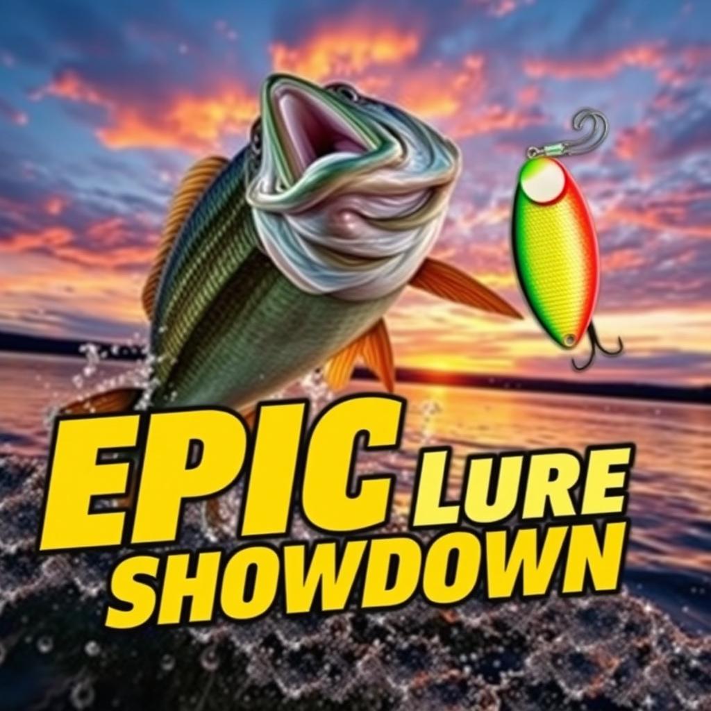 An engaging and vivid thumbnail featuring a large, impressive bass fish leaping energetically out of sparkling water, a vivid Jitterbug lure positioned closely, showing off its bright, enticing details