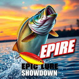 An engaging and vivid thumbnail featuring a large, impressive bass fish leaping energetically out of sparkling water, a vivid Jitterbug lure positioned closely, showing off its bright, enticing details