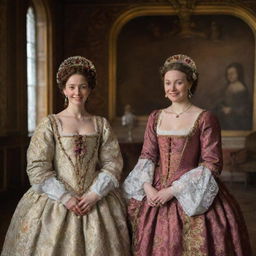 Portia and her friend Nerissa from Shakespeare's 'Merchant of Venice', dressed in traditional Elizabethan costumes and conversing in a beautifully decorated Renaissance room.