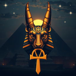 mystical scene of the Egyptian pyramids in the background at sunset, enveloped in a dark blue and golden color palette