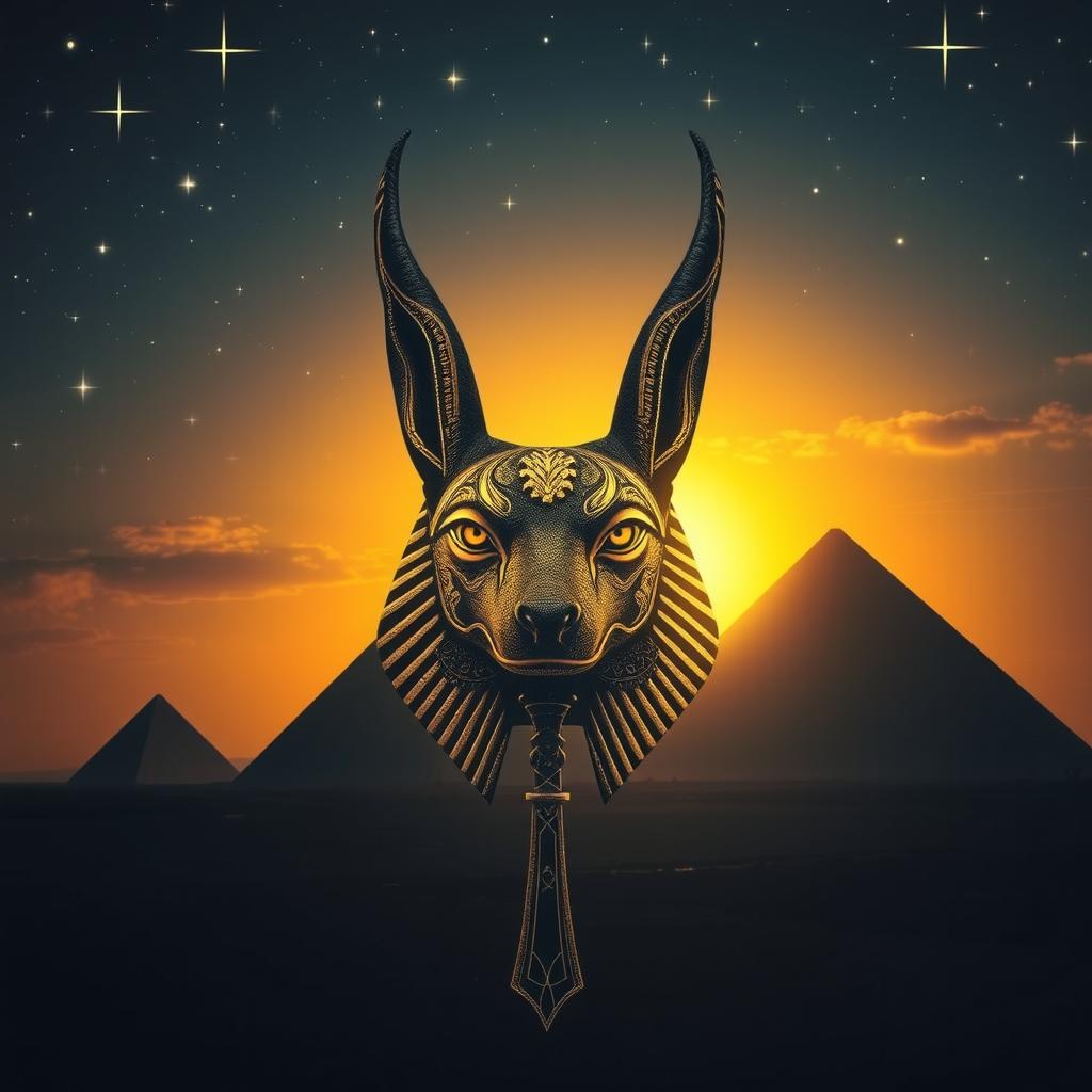 mystical scene of the Egyptian pyramids in the background at sunset, enveloped in a dark blue and golden color palette