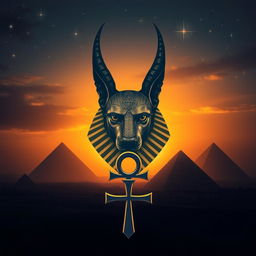 mystical scene of the Egyptian pyramids in the background at sunset, enveloped in a dark blue and golden color palette