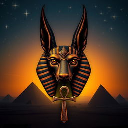 mystical scene of the Egyptian pyramids in the background at sunset, enveloped in a dark blue and golden color palette