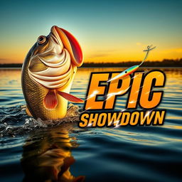 A visually striking thumbnail displaying a sizable, realistic bass fish emerging dramatically from the water, aiming toward a conspicuously designed Jitterbug lure